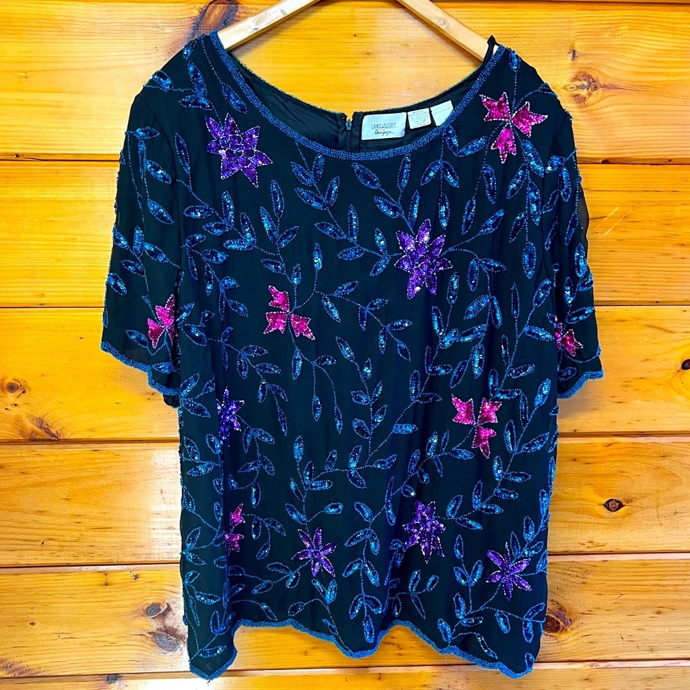 Heavy Sequin Beaded Floral Blouse Candlelight & Champagne Womens Top Plus 32W